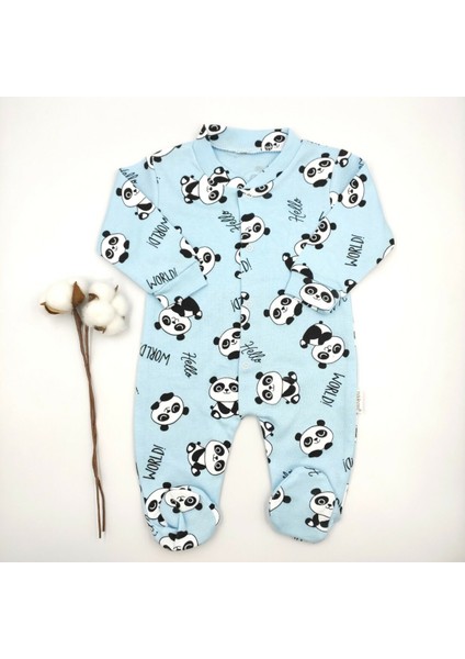 Panda Desenli Patikli Mavi Bebek Tulumu %100 Cotton