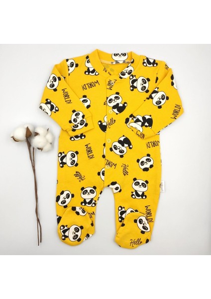 Panda Desenli Patikli Hardal Bebek Tulumu %100 Cotton