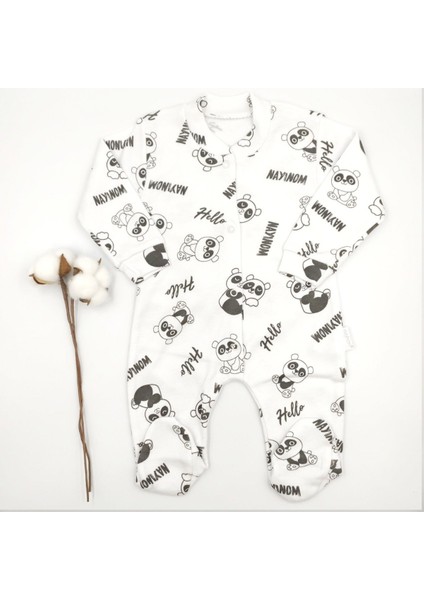 Panda Desenli Patikli Beyaz Bebek Tulumu %100 Cotton