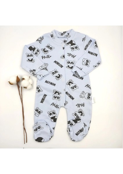 Panda Desenli Patikli Açık Mavi Bebek Tulumu %100 Cotton
