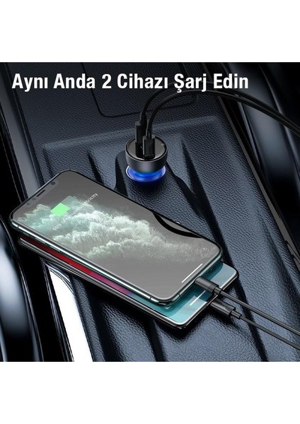 65W Digital Göstergeli Araç Içi Şarj Başlığı, 1x Pd Type C ve 1x USB Girişli Akım Korumalı