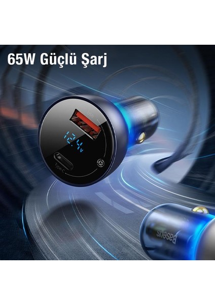 65W Digital Göstergeli Araç Içi Şarj Başlığı, 1x Pd Type C ve 1x USB Girişli Akım Korumalı