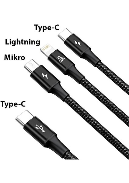 1.5 Metre 20W 3in1 Type C, Iphone Lightning ve Micro Ultra Hızlı Şarj ve Data Kablosu