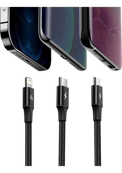 1.5 Metre 20W 3in1 Type C, Iphone Lightning ve Micro Ultra Hızlı Şarj ve Data Kablosu