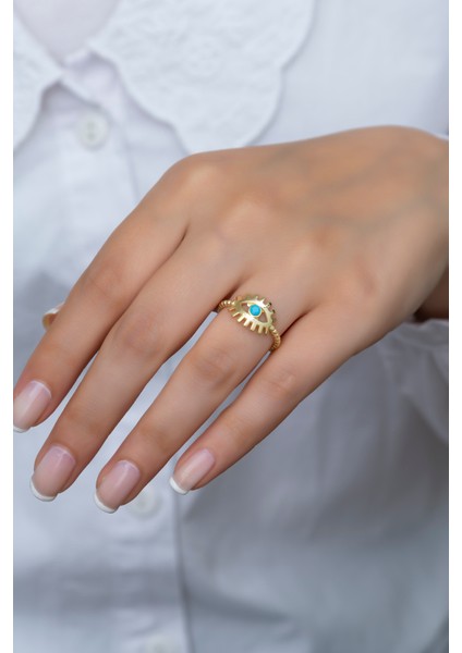 925 Ayar Ayarlanabilir Gold Opal Taşlı Göz Gümüş Yüzük