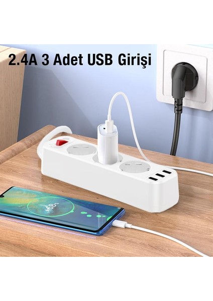 1.8 Metre 4000W Akım Korumalı 3 Priz, 3 USB Girişli Priz, 3lü Uzatma Kablosu Priz,ultra Hızlı