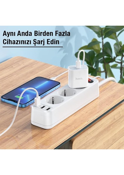 1.8 Metre 4000W Akım Korumalı 3 Priz, 3 USB Girişli Priz, 3lü Uzatma Kablosu Priz,ultra Hızlı