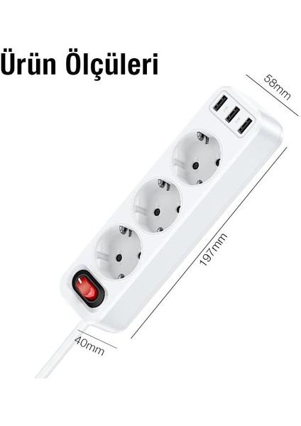 1.8 Metre 4000W Akım Korumalı 3 Priz, 3 USB Girişli Priz, 3lü Uzatma Kablosu Priz,ultra Hızlı