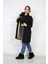 Kadın Siyah Peluşlu Oversize Gabardin Kumaş Içi Suni Kürklü Kaban Mont 3