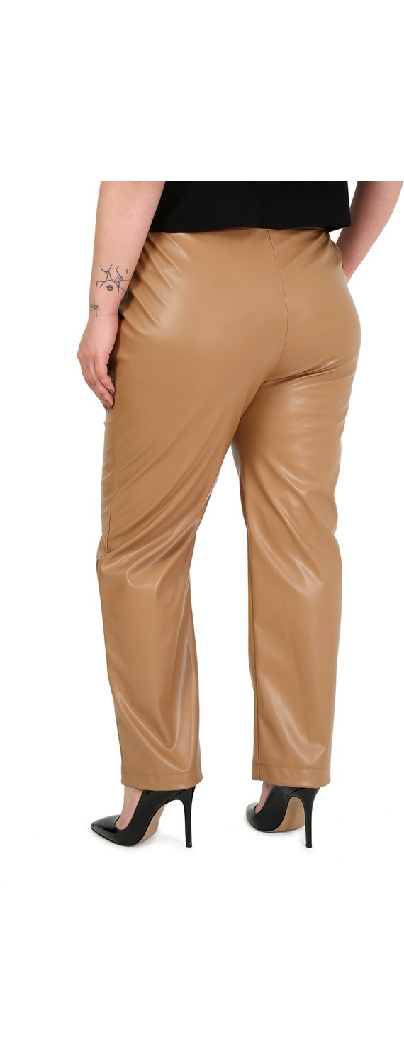 Disentis Modest Büyük Beden Beli Yanlardan Lastikli Cepli Haki Deri Pantolon görsel 3