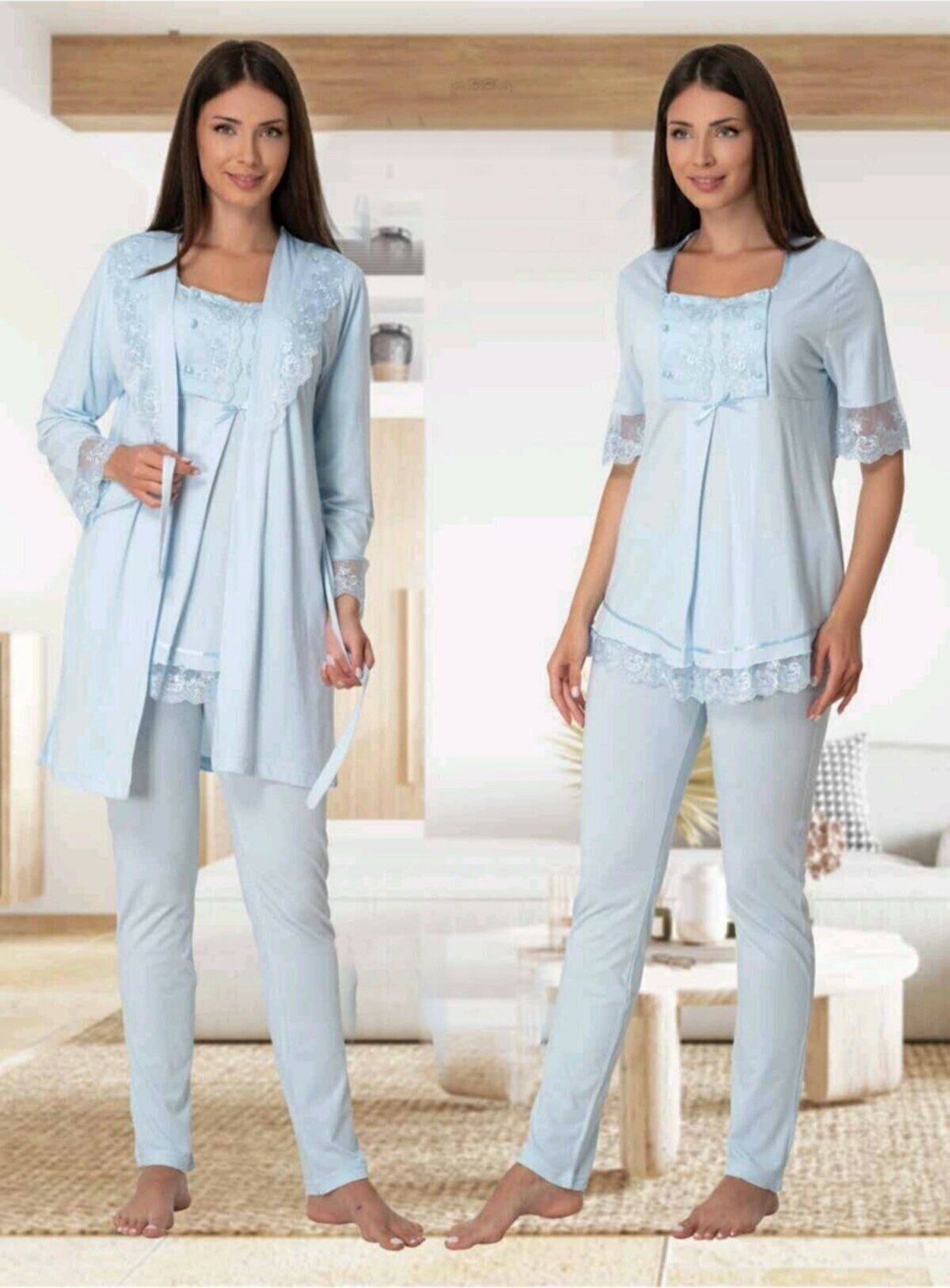 Puerpera Kadın Lohusa Hamile Sabahlıklı Pijama Takımı 6034