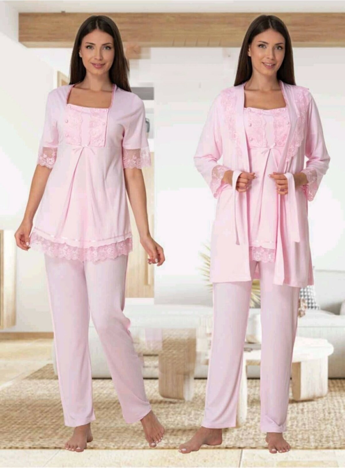 Puerpera Kadın Lohusa Hamile Sabahlıklı Pijama Takımı 6034 görsel 6