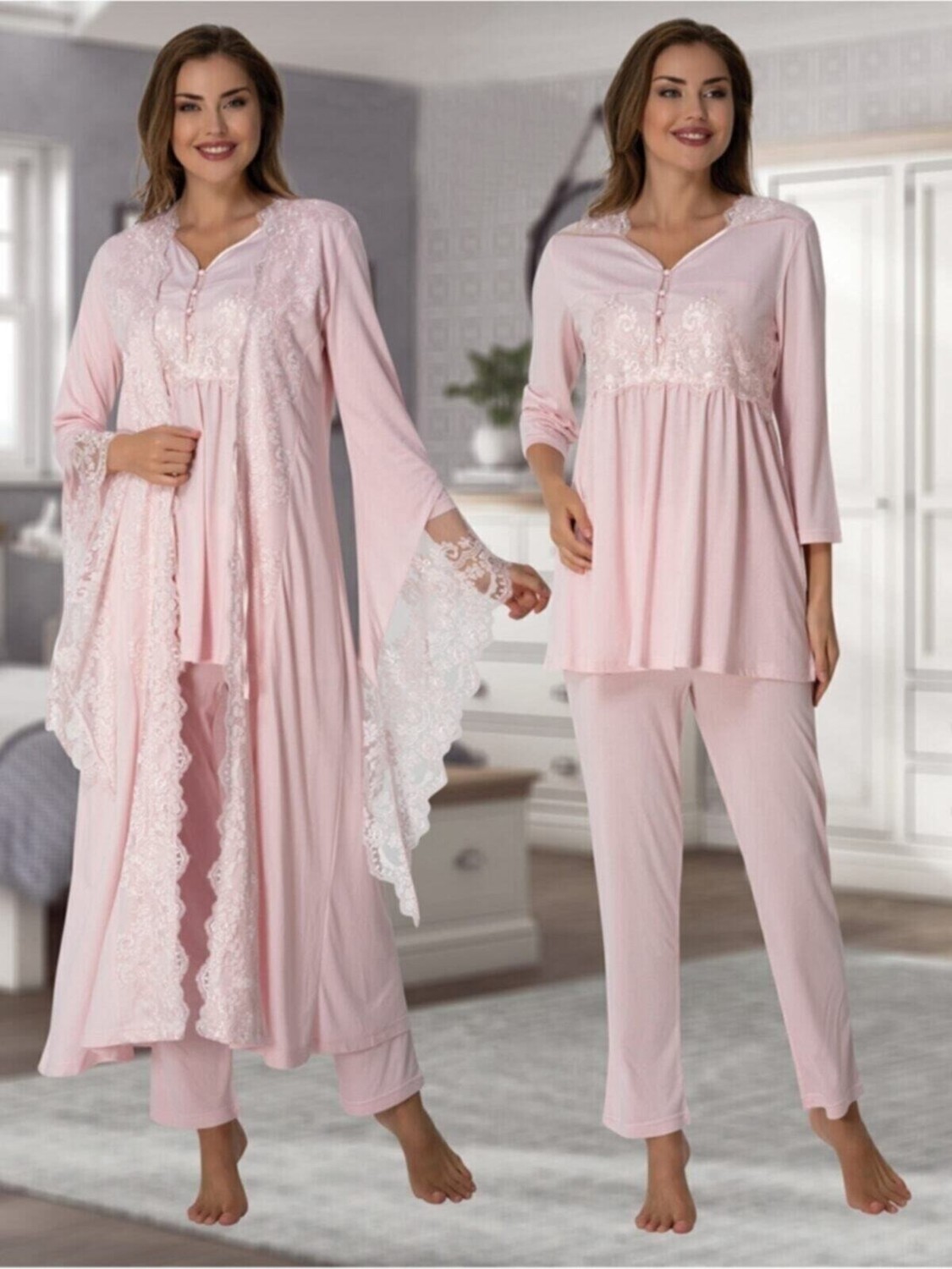 Puerpera Kadın Mavi Dantelli Özel Lohusa Hamile Sabahlıklı Pijama Takımı 3015 görsel 3