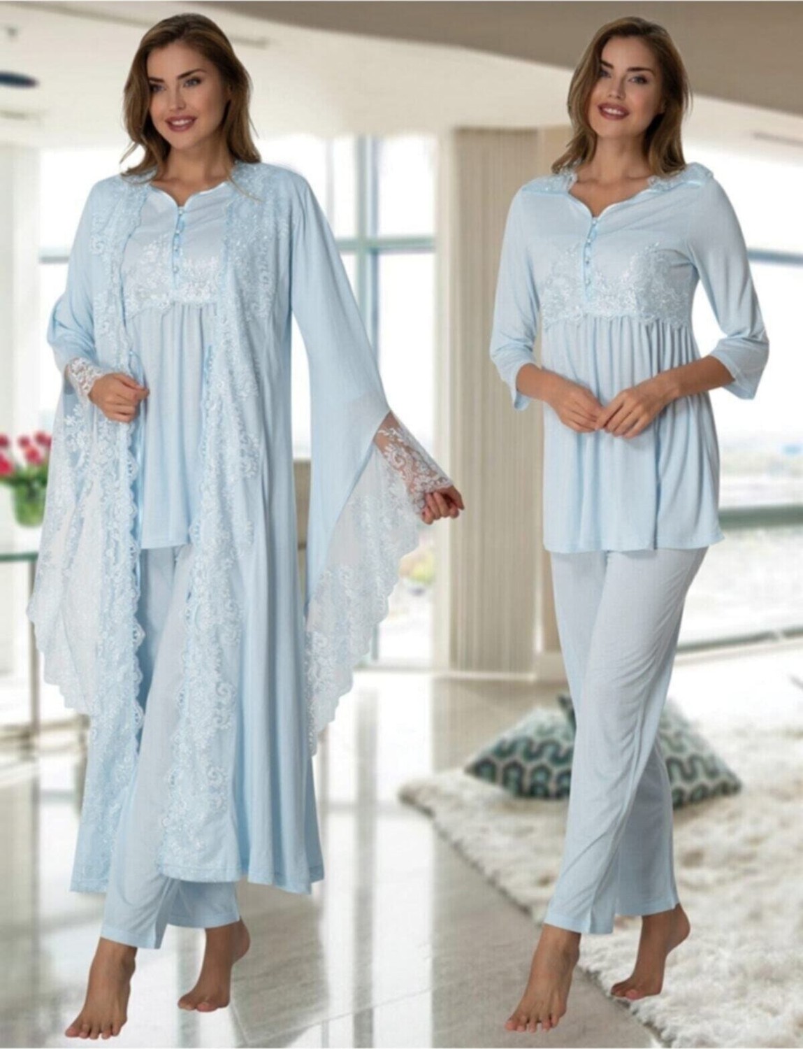 Puerpera Kadın Mavi Dantelli Özel Lohusa Hamile Sabahlıklı Pijama Takımı 3015