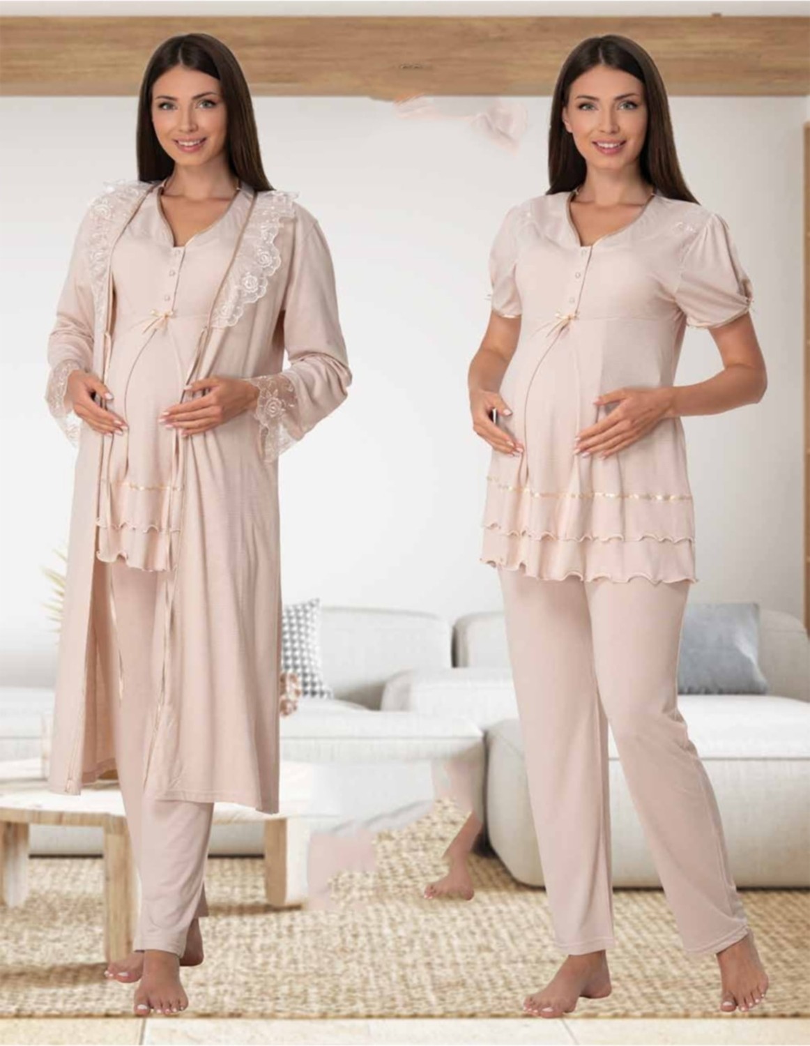 Effort Puerpera Effort Kadın Pembe Lohusa Hamile Pijama Takımı ve Sabahlık Set 8024 görsel 4