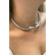 Petek Aksesuar Taşlı Yılan Choker Kolye Silver