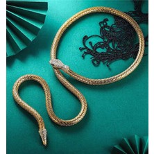 Petek Aksesuar Taşlı Yılan Detaylı Uzun Kolye Gold