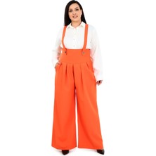 Disentis Modest Büyük Beden Önü Pileli Cepli Askılı Düğme Detaylı Bol Paça Turuncu Pantolon