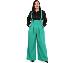 Disentis Modest Büyük Beden Önü Pileli Cepli Askılı Düğme Detaylı Bol Paça Yeşil Pantolon