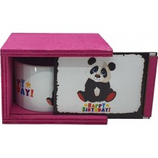 Hediye Kesesi Panda Happy Birthday Doğum Günü Konsept Ahşap Kutulu Kupa Bardak