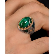 Prestige Gümüş 925 Ayar Gümüş Erkek Yüzüğü Yeşil Kaplangözü Taşlı