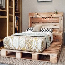Loolpi Home Loolpi Home doğal Ahşap Başlıklı Palet Karyola Yer Yatağı Tek ve Çift Kişilik