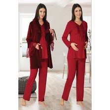 Effortt Kadın Vişne Kadife Sabahlıklı Lohusa Hamile Pijama Takımı 8088