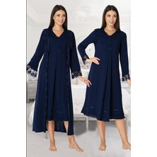 Effortt Kadın Lacivert Lohusa Hamile Gecelik Sabahlık 2'li Set 2425