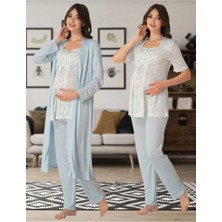 Effortt Kadın Mavi Lohusa Hamile Sabahlıklı Pijama Takımı 8014
