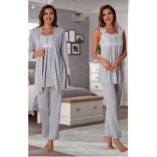 Effortt Kadın Gri Hamile Lohusa Sabahlıklı Pijama Takımı 2301