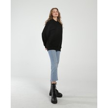 Awcıı Store Kadın Bisiklet Yaka Oversize Düz Siyah Sweatshirt