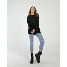 Awcıı Store Kadın Bisiklet Yaka Oversize Düz Siyah Sweatshirt