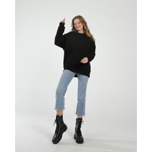 Awcıı Store Kadın Bisiklet Yaka Oversize Düz Siyah Sweatshirt