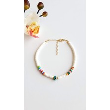 Petek Aksesuar Beyaz Fimo Nazar Halhal Renkli Detaylarla Kadınlar İçin 20+5 cm