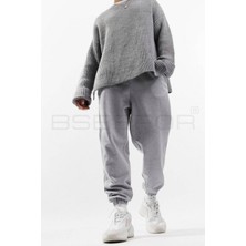 Gri Lastikli Paça Oversize Eşofman Altı 3 İplik İçi Pamuklu Kışlık