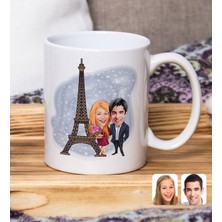 Bk Gift Kişiye Özel Sevgililer Eyfel Kulesi Karikatürlü Beyaz Kupa Bardak-1