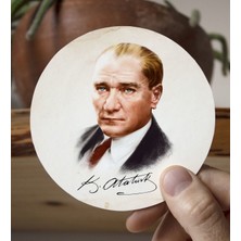 Bk Gift Kişiye Özel Atatürk Temalı Beyaz Kupa Bardak ve Yuvarlak Ahşap Bardak Altlığı Hediye Seti -12