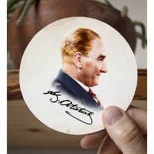 Bk Gift Kişiye Özel Atatürk Temalı Beyaz Kupa Bardak ve Yuvarlak Ahşap Bardak Altlığı Hediye Seti -11