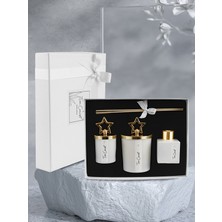 Tiem Concept Yılbaşı Kutulu Beyaz Renkli Sandal Ağacı Kokulu Yıldız Tepelik 3lü Mum ve Oda Koku Seti