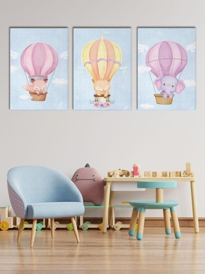 Satürn Design Balonla Uçan Hayvanlar Çocuk Odası Kanvas Tablo Seti 3 Adet x 40X55CM