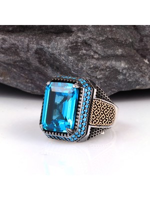 Tesbih Sepetim Blue Topaz Mikro Taşlı Erkek Gümüş Yüzük