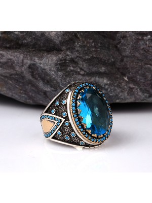 Tesbih Sepetim Blue Topaz Taşlı Erkek Gümüş Yüzük