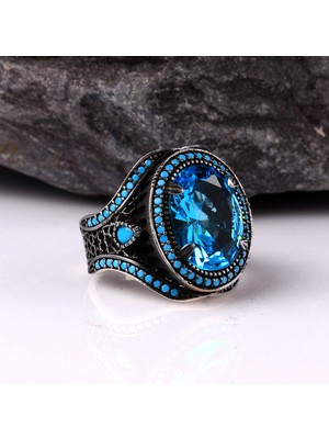 Tesbih Sepetim Blue Topaz Mikro Taşlı Erkek Gümüş Yüzük