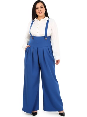 Disentis Modest Büyük Beden Önü Pileli Cepli Askılı Düğme Detaylı Bol Paça Indigo Pantolon