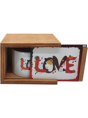 Hediye Kesesi Aşk (Love) Konsept Ahşap Kutulu Kupa Bardak