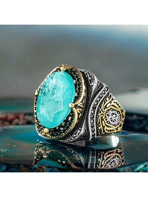 Takılingo 925 Ayar Gümüş Açık Renk Paraiba Taşlı Osmanlı Erkek Yüzük