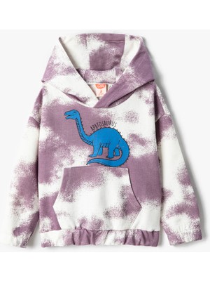 Koton Dinozor Baskılı Kapşonlu Sweatshirt Batik Desenli Kanguru Cepli Kulak Aplike Detaylı