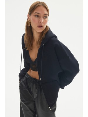 June Basic Önden Fermuarlı Kapüşonlu Kalın Sweatshirt