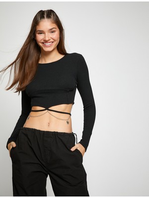 Koton Crop Tişört Zincir Detaylı Uzun Kollu Bisiklet Yaka