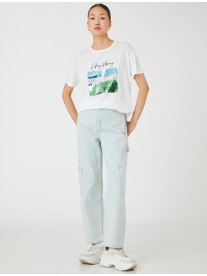 Koton Payetli Yazı Baskılı Tişört Bisiklet Yaka Kısa Kollu